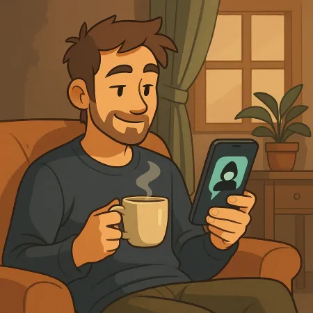 E bärtigen Mann, deen bequem an engem Fauteuil sëtzt, hält eng dampfend Tasse Kaffi an enger Hand an e Smartphone an der anerer. Hien lächelt, während hien de Bildschierm kuckt, wou eng anonym Silhouette ugewise gëtt. D’Ambiance bannen ass waarm, mat enger Planz, engem Vorhang an engem Fënster am Hannergrond.