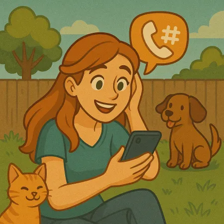 Eng rout Haerfra ass um Gras an engem Gaart gesi, lächelnd a kuckt op hire Smartphone. Eng orange Katz ass géint si gehal an e brong Hond sëtzt no bei. Eng Sprechblase mat engem Telefonikone an engem Hashtag schweeft iwwer si, wat eng Telefonsgespréich suggeréiert.