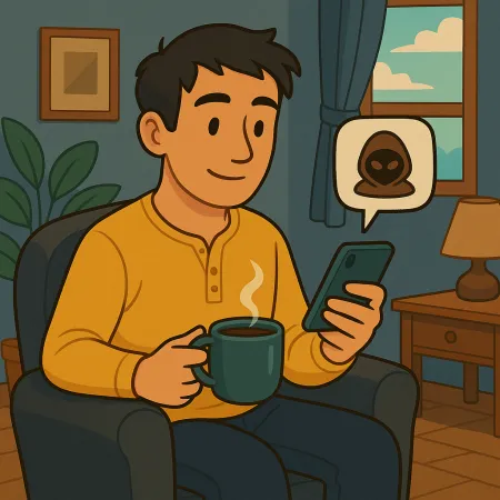 Mann, deen bequem an engem Sessel sëtzt, mat enger Dampfkopp Kaffi an sengem Smartphone kuckt, mat enger Messageblumm déi eng anonym Mask oder Hacker Ikon weist, an engem waarmen Salon mat Fënster, Lampe a Planzen.