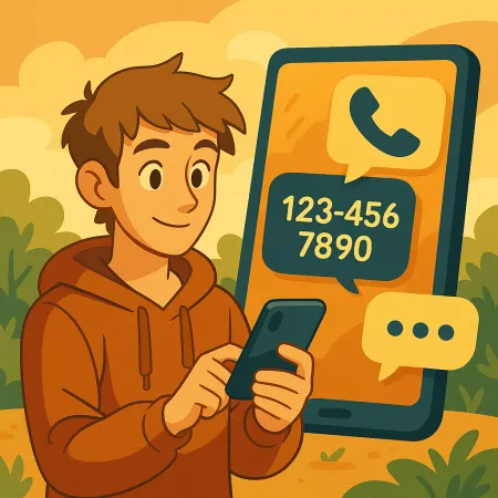 Jongen Mann mat engem lächelnden Gesiicht am Hoodie, deen säin Smartphone benotzt, mat engem grousse Telefonsdisplay am Hannergrond, deen eng Uruff-Ikon an eng fiktiv Telefonsnummer (123-456-7890) weist, an engem stiliséierten an häerzleche Außenumfeld.