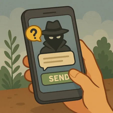 Hänn, déi e Smartphone halen, deen eng maskéiert Persoun an engem Regenschierm an engem Hut weist, wat en anonymen Absender representéiert. Eng Dialogbléck mat engem Frageschäft ass sichtbar, souwéi e grénge Knäppchen mam Text 'SEND', wat d'Versendung vun enger anonymen Noriicht suggeréiert.
