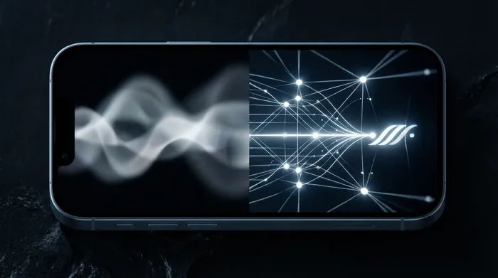 E Mann an engem Kostüm manipuléiert eng holografesch digital Uewerfläch mat Netzwierkdonnéeën an IP-Adressen, déi iwwer engem Smartphone ugewise gëtt.