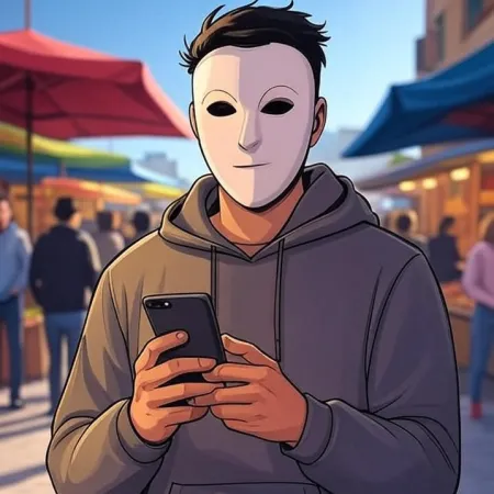 E jonke Mann mat engem animéiertem Stil, deen eng wäiss Mask a e griis Hoodie trägt, kuckt seng Telefon an engem Fräiluftmaart.