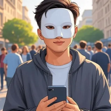E jonk Mann am animéiertem Stil mat engem wäisse Mask an enger grauer Kapuzjacke, kuckt an d'Kamera während hien en Smartphone an enger voller Strooss hält.