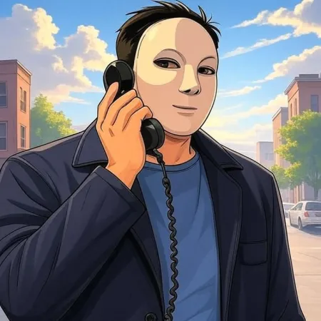 E Mann mat engem wäisse Mask, enger däischter Jackett an engem blauen T-Shirt, schwätzt an den Empfänger vun engem alten schwaarzen Telefon, mat enger Stadstrooss am Hannergrond.
