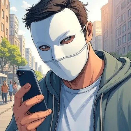 E Mann mat engem wäisse Mask a engem Kapuzenpulli kuckt op seng Mobiltelefon an enger Strooss an der Stad. D'Bild ass am Cartoon- oder Comic-Stil gemaach.