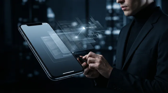 Zwee Smartphonen niewenteneen op engem Dësch, verbonne vun engem liichtenden digitalen Netzwierk, dat den Transfert vun Donnéeën tëscht den Apparater symboliséiert.