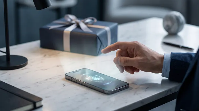 Eng Hand hält e Smartphone, deen eng Messagerie-Uewerfläch mat technesche grafeschen Elementer am Iwwerlager weist, dorënner e Schlass, Schaltkreesser an eng Telefonsnummer, wat d'mobil Sécherheet an d'digital Kommunikatioun illustréiert.