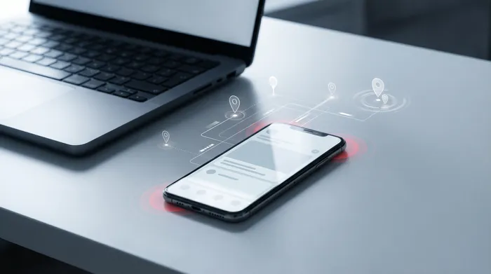 D'Hand vun engem Mann an engem Kostüm interagéiert mat engem Smartphone op engem Schreifdësch, deen e Symbol vun engem digitale Schlass weist, wat d'Cybersécherheet symboliséiert.