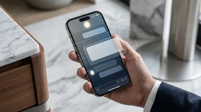 E Smartphone op engem Schreifdësch nieft engem Laptop, deen digital Geolokalisatiouns-Symboler an erweiderter Realitéit weist.