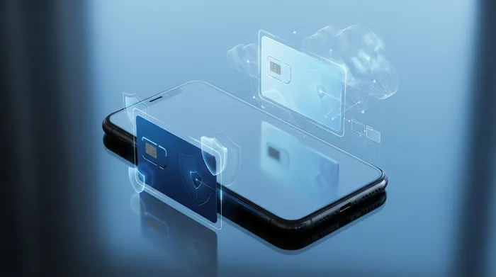 Eng Hand hält e Smartphone, deen eng modern holografesch Messagerie-Uewerfläch mat Chat-Blosen a Sécherheets-Symboler weist.