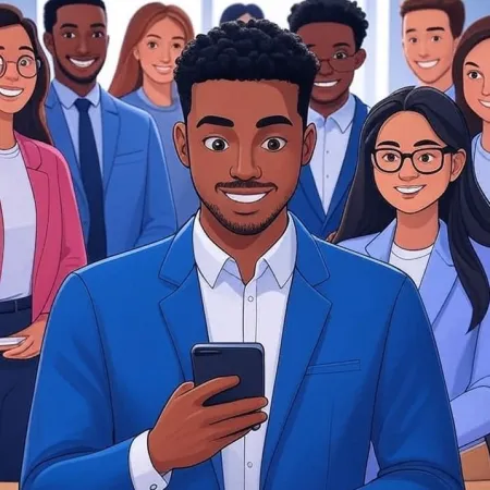 Illustratioun vun engem schwaarze Geschäftsman deen lächelt an sengem Smartphone kuckt, mat senger Equipe am Hannergrond.