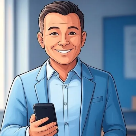 Illustratioun vun engem lächelenden Geschäftsmann am bloe Kostüm, deen e Smartphone hält.