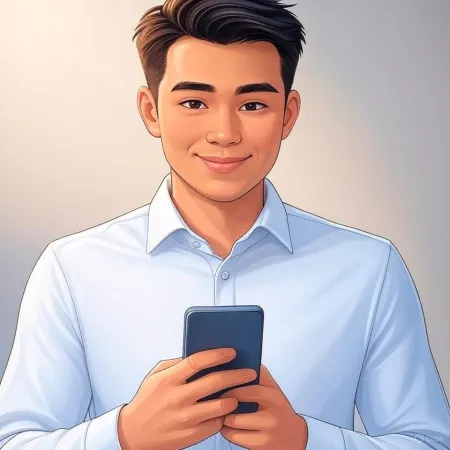 Illustratioun vun engem lächelnden Geschäftsmann am bloe Kostüm, deen en Smartphone hält.