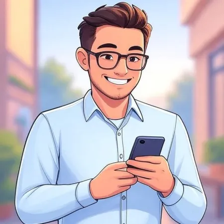 E lächelende Jong mat Brëll an enger blauer Hemd, dee sengem Smartphone kuckt.