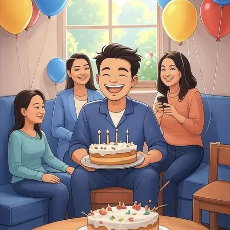 Mann mat engem lächelenden Gesicht, deen eng Torte mat fënnef Kandelen hält, ëmgi vun Nächsten an engem Salon dekoréiert mat faarwege Ballonen.