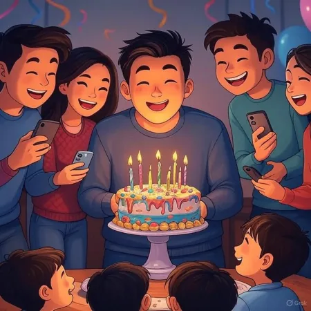 Illustratioun vun engem Gebuertsdag wou e lächelenden Mann eng Torte mat angezündeten Uebst hält, ëmgi vun Frënn a Famill déi Fotoen mat hiren Handy maachen.