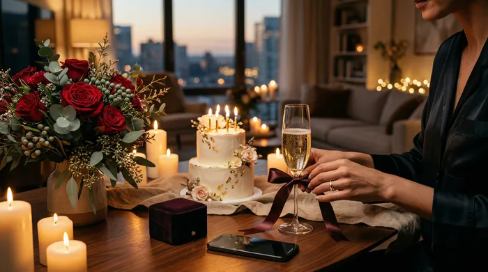 Eng laachend Fra, déi an enger moderner Kichen sëtzt, kuckt op hiren Handy, wärend zwee Männer am Hannergrond hir Gebuertsdagskuche mat ugefaangene Käerzen iwwerreechen.