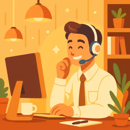 Illustratioun vun engem lächelende Mann mat engem Kopfhörer, deen an engem waarme a gemittleche Raum mat Planzen an enger Tasse Kaffi um Desktop Computer schafft