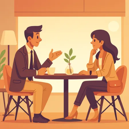 Illustratioun vun zwou Persounen déi sech an engem Café ënnerhalen, e Mann am Kostüm an eng Fra an engem lässegen eleganten Outfit, déi un enger Tësch sëtzen mat enger klenger Planz an der Mëtt.